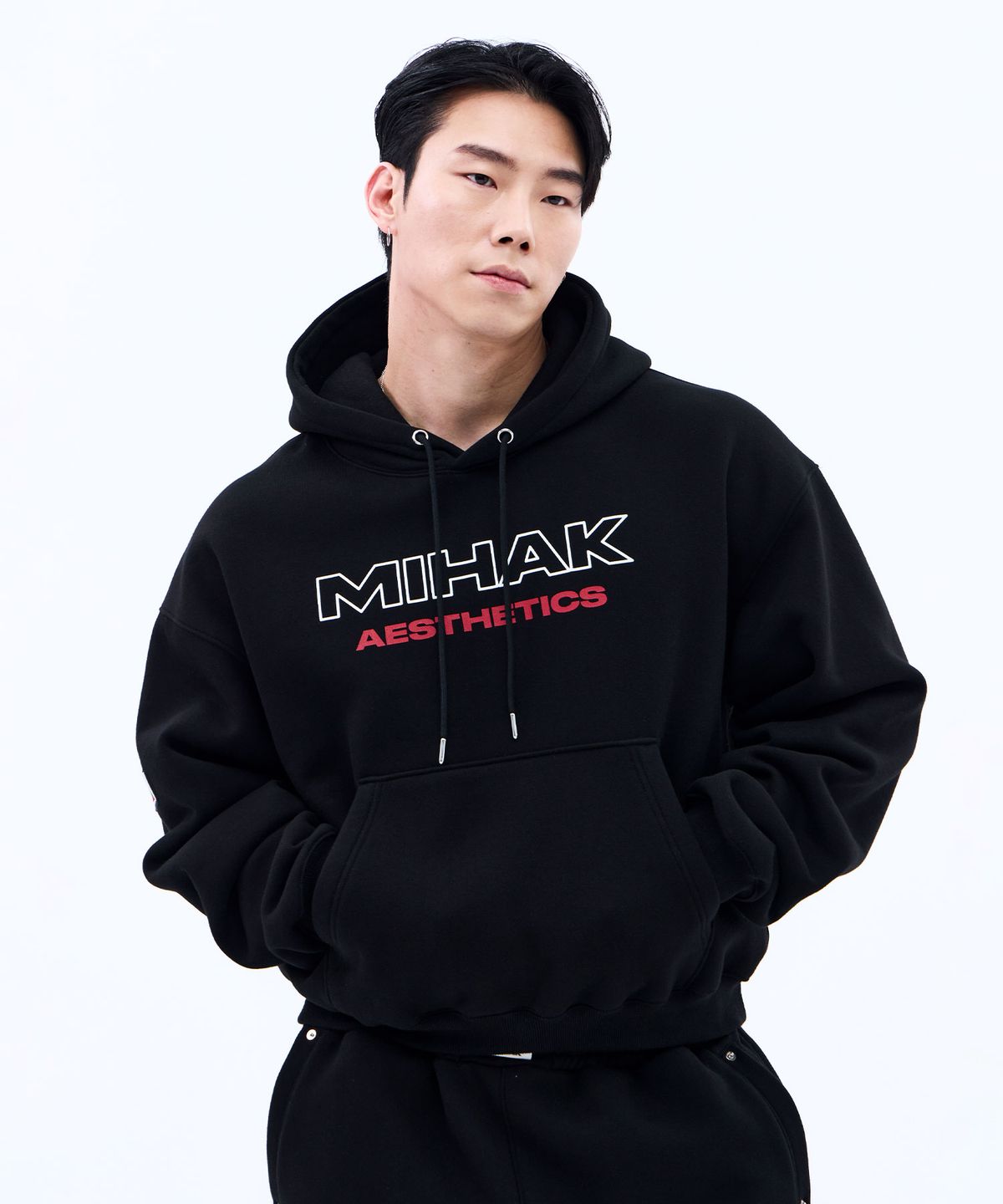 미학(MIHAK) 스트록 로고 기모 오버핏 후디 (BLACK)