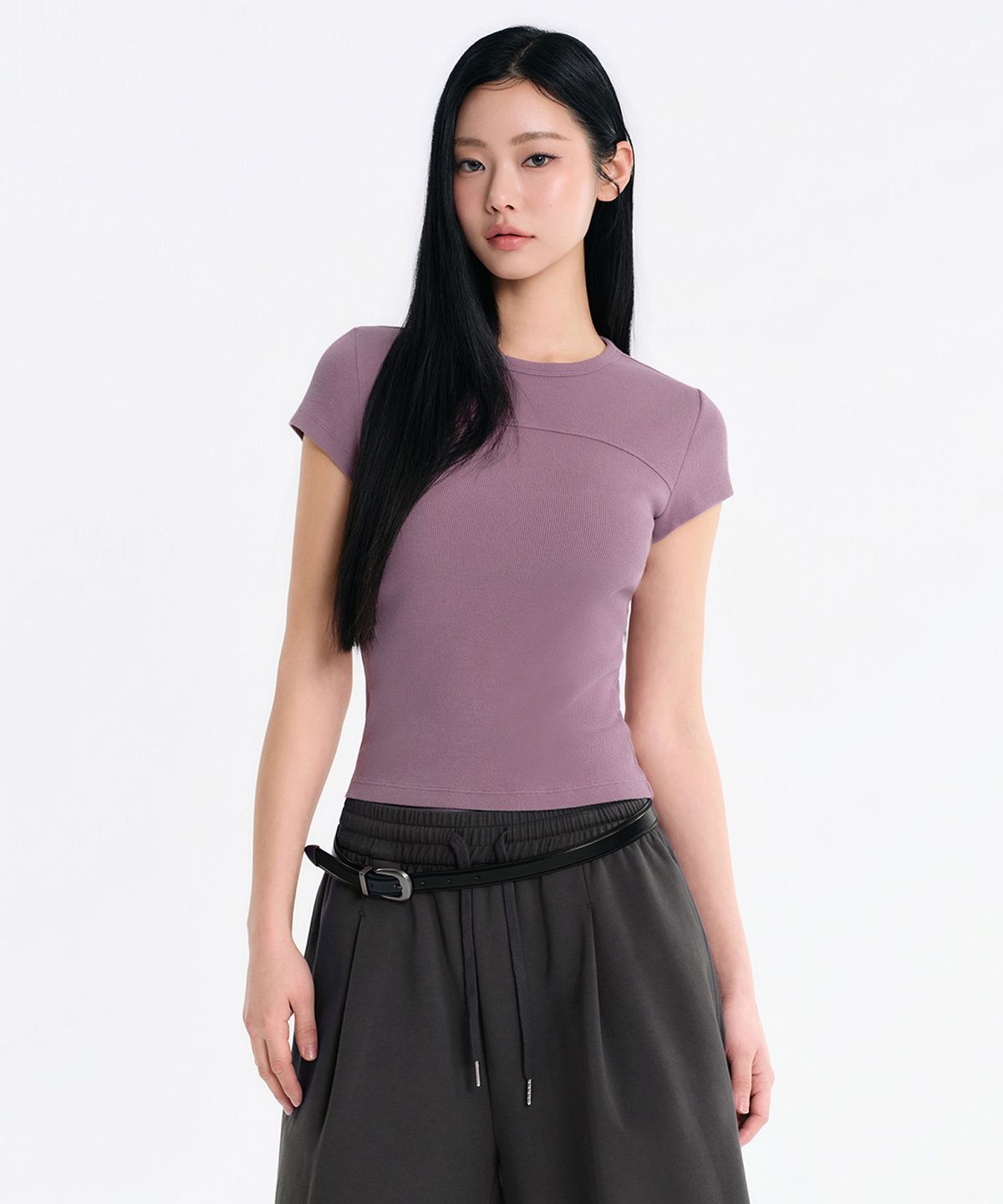 무신사 스탠다드 우먼(MUSINSA STANDARD WOMAN) 우먼즈 리브드 피그먼트 슬림 티셔츠 [스모크 핑크]