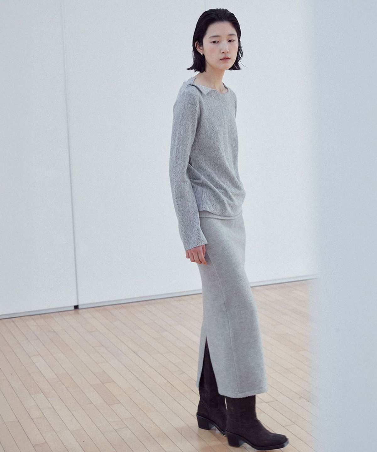 유토시스(EUTOSIS) HAIRY LAYERED LONG SKIRT(GREY)