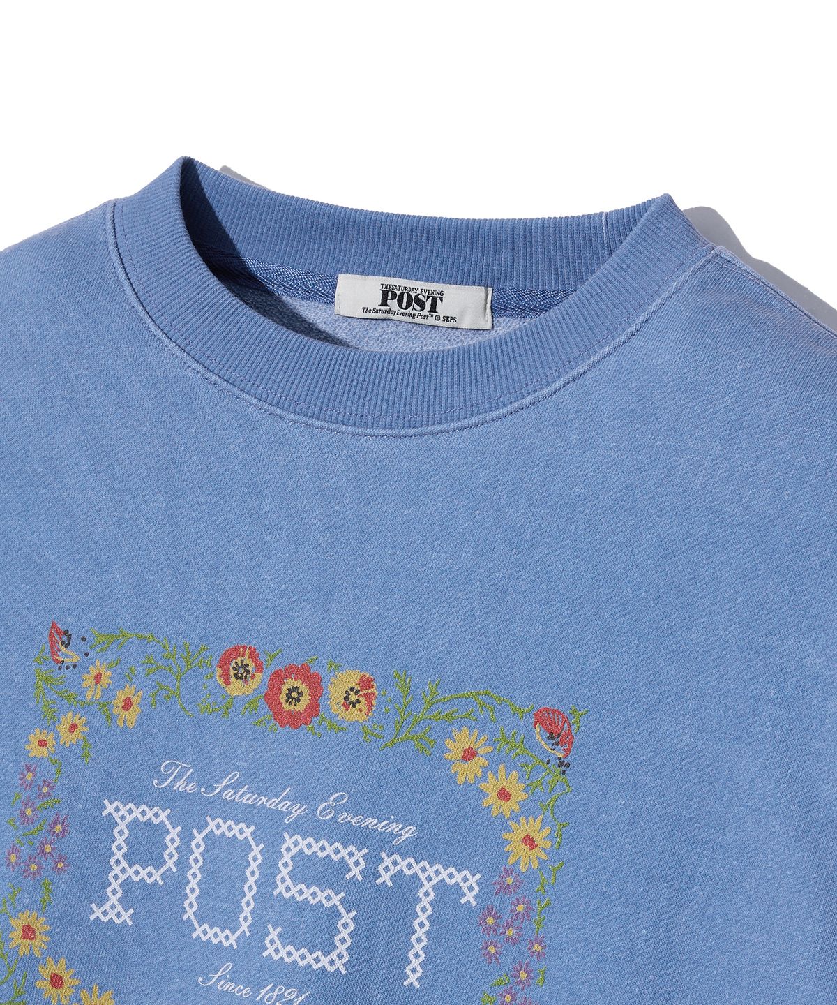 더 새터데이 이브닝 포스트(THE SATURDAY EVENING POST) Flower Cross-Stitch Graphic Sweat shirt_Light Blue