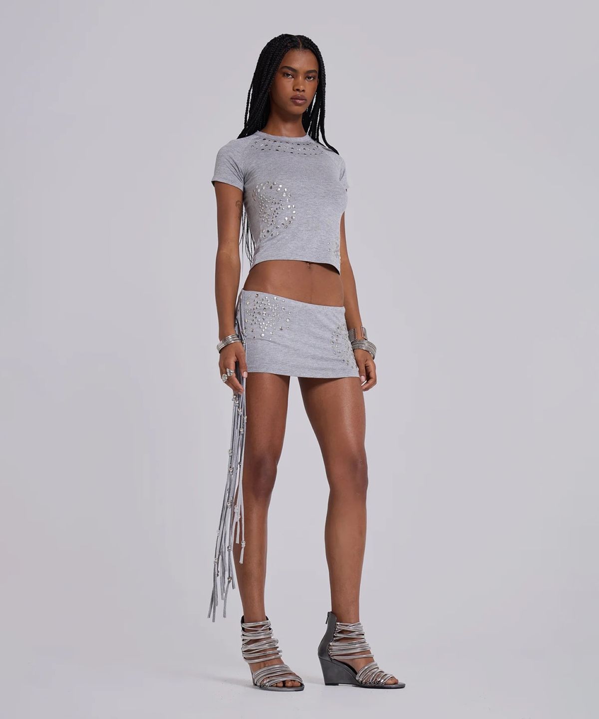 제이디드 런던(JADED LONDON) (W) 스터디드 그레이 말 태슬 스코트 그레이 STUDDED GREY MARL TASSLE SKORT GREY