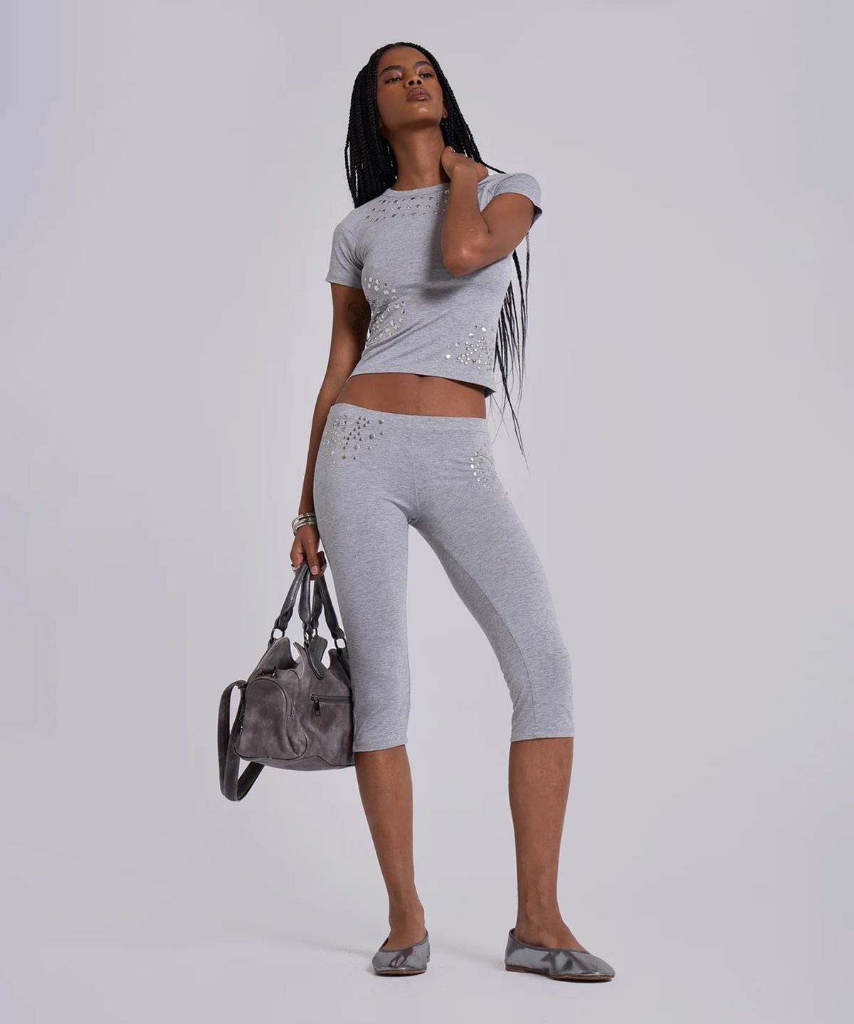 제이디드 런던(JADED LONDON) (W) 스터디드 그레이 말 카프리 레깅스 그레이 STUDDED GREY MARL CAPRI LEGGINGS GREY