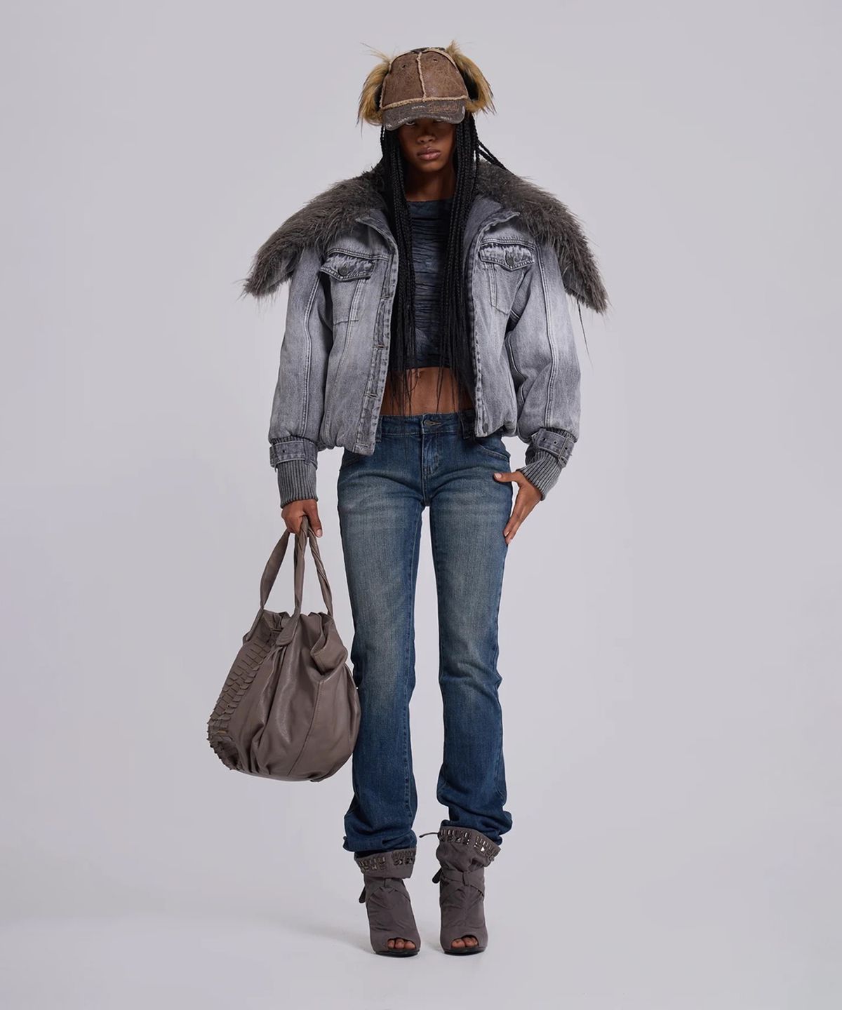 제이디드 런던(JADED LONDON) (U) 앨로이 데님 봄버 재킷 위드 포 퍼 칼라 멀티 ALLOY DENIM BOMBER JACKET WITH FAUX FUR COLLAR MULTI