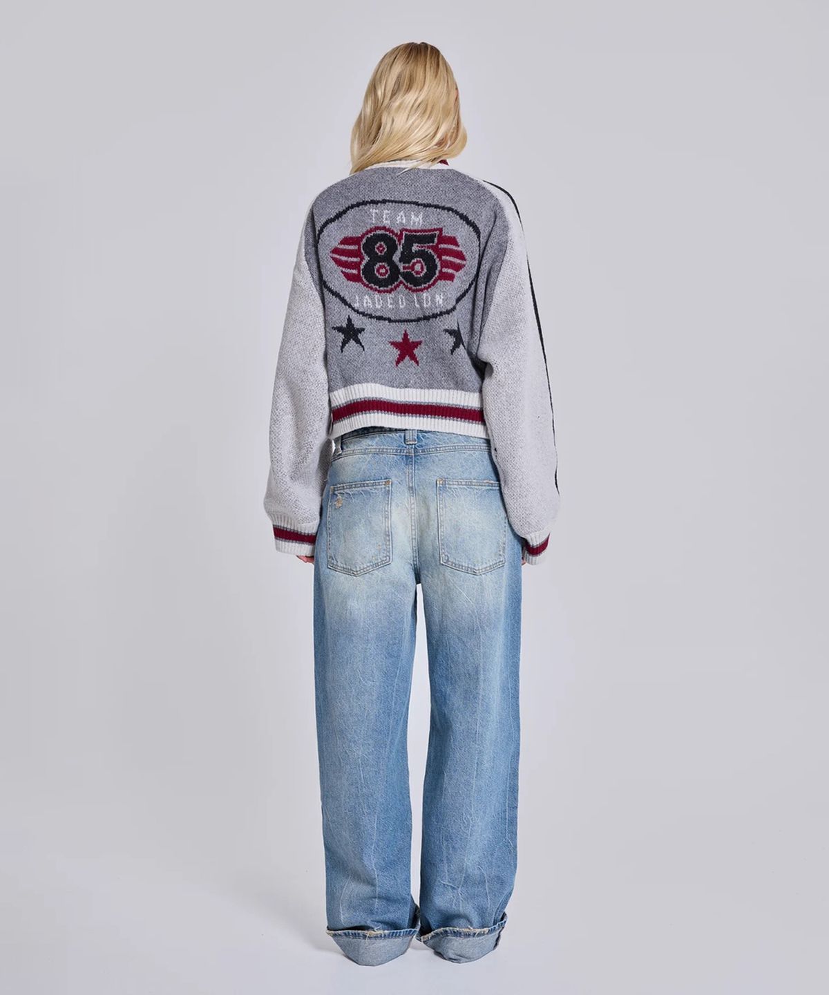 제이디드 런던(JADED LONDON) (U) 니티드 봄버 위드 백 아트워크 그레이 KNITTED BOMBER WITH BACK ARTWORK GREY