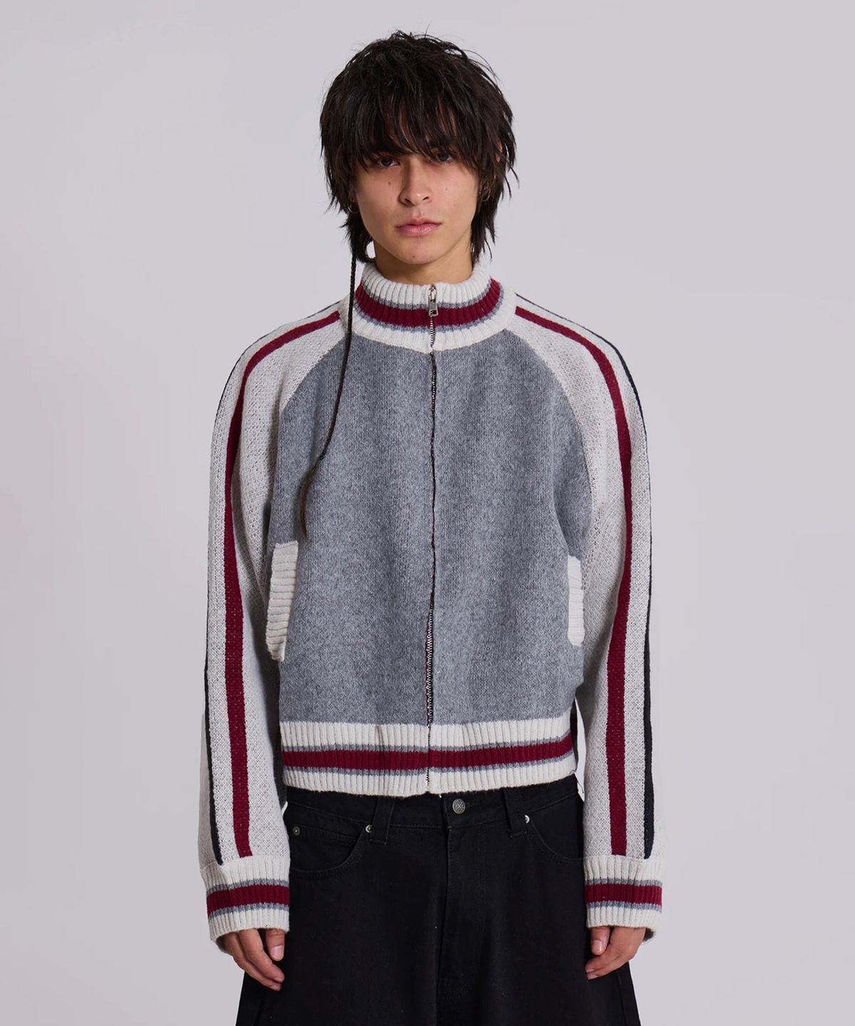 제이디드 런던(JADED LONDON) (U) 니티드 봄버 위드 백 아트워크 그레이 KNITTED BOMBER WITH BACK ARTWORK GREY