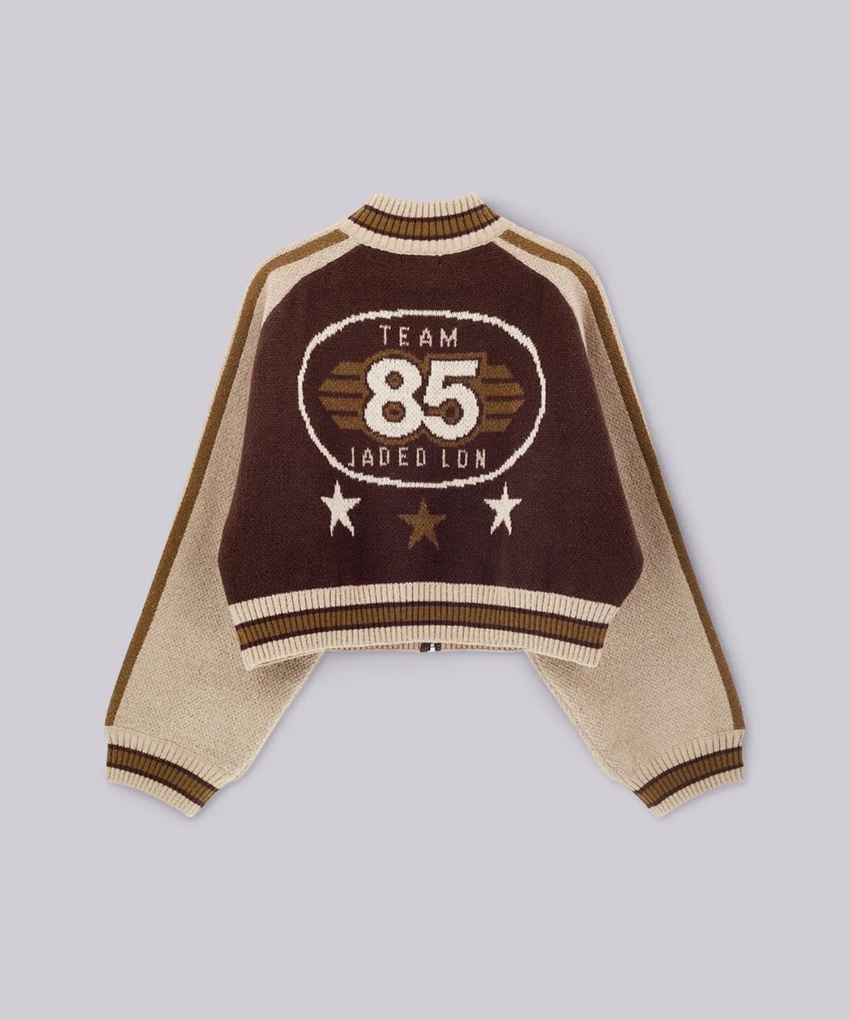 제이디드 런던(JADED LONDON) (U) 니티드 봄버 위드 백 아트워크 브라운 KNITTED BOMBER WITH BACK ARTWORK BROWN