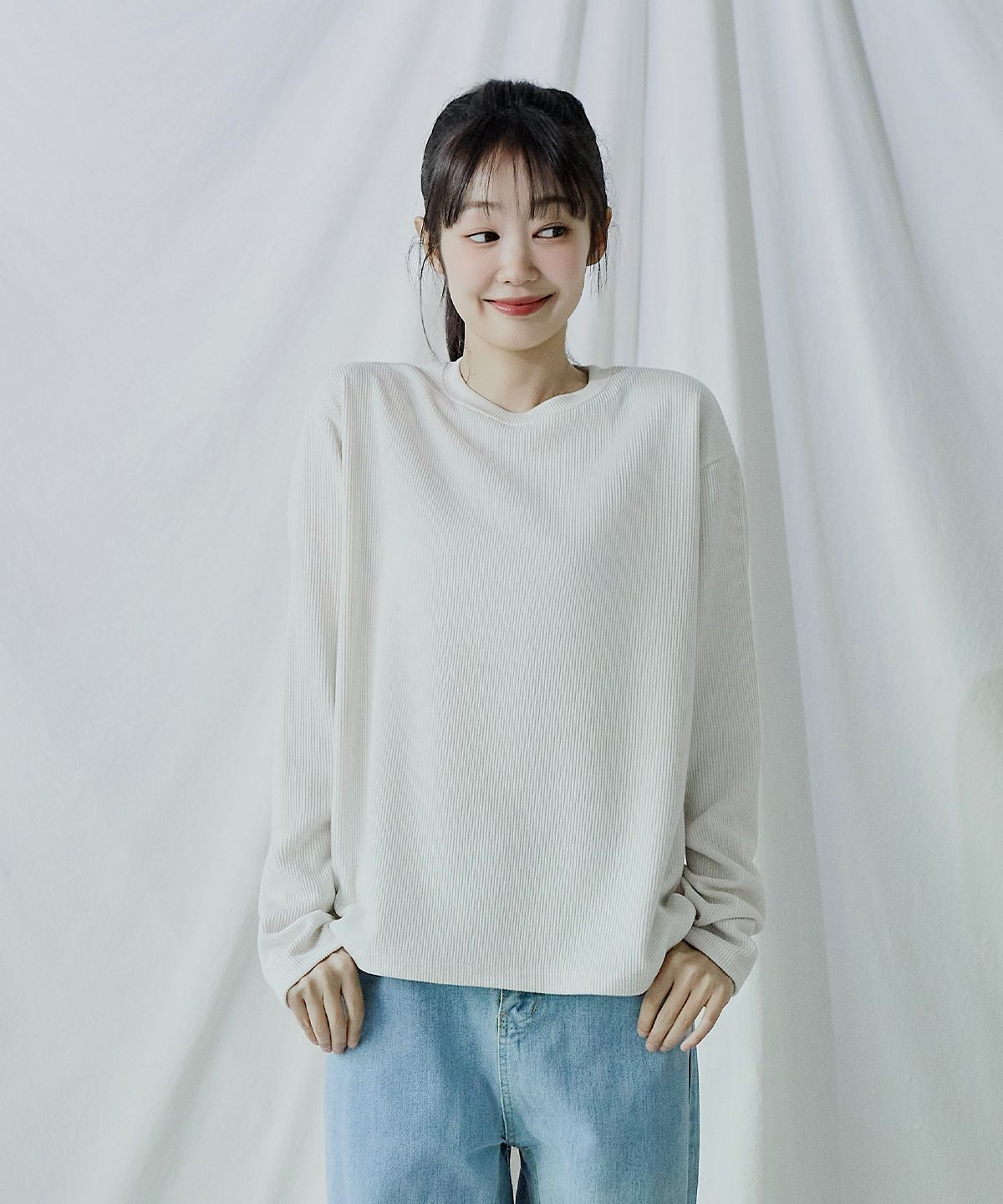폴리그램(POLYGRAM) 리브드 세미 크롭 라운드 롱슬리브 - 5COLOR