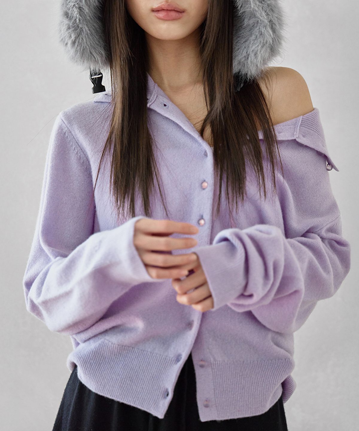 런던다다(LONDONDADA) HIGH-NECK BUTTON WOOL CARDIGAN, LAVENDER