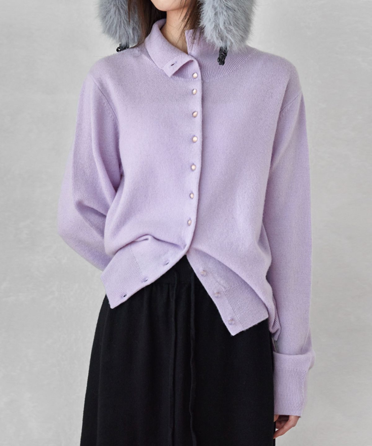 런던다다(LONDONDADA) HIGH-NECK BUTTON WOOL CARDIGAN, LAVENDER