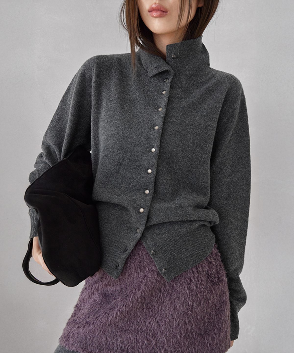 런던다다(LONDONDADA) HIGH-NECK BUTTON WOOL CARDIGAN, CHARCOAL