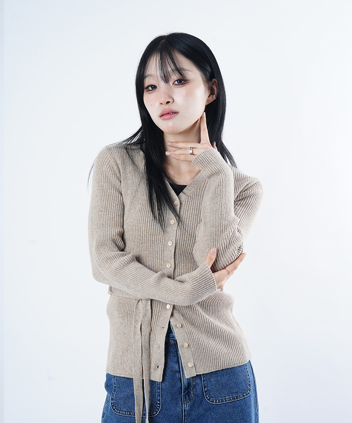 스태리 아이드(STARRYEYED) 골지 허리끈 울 가디건 (모카 베이지)