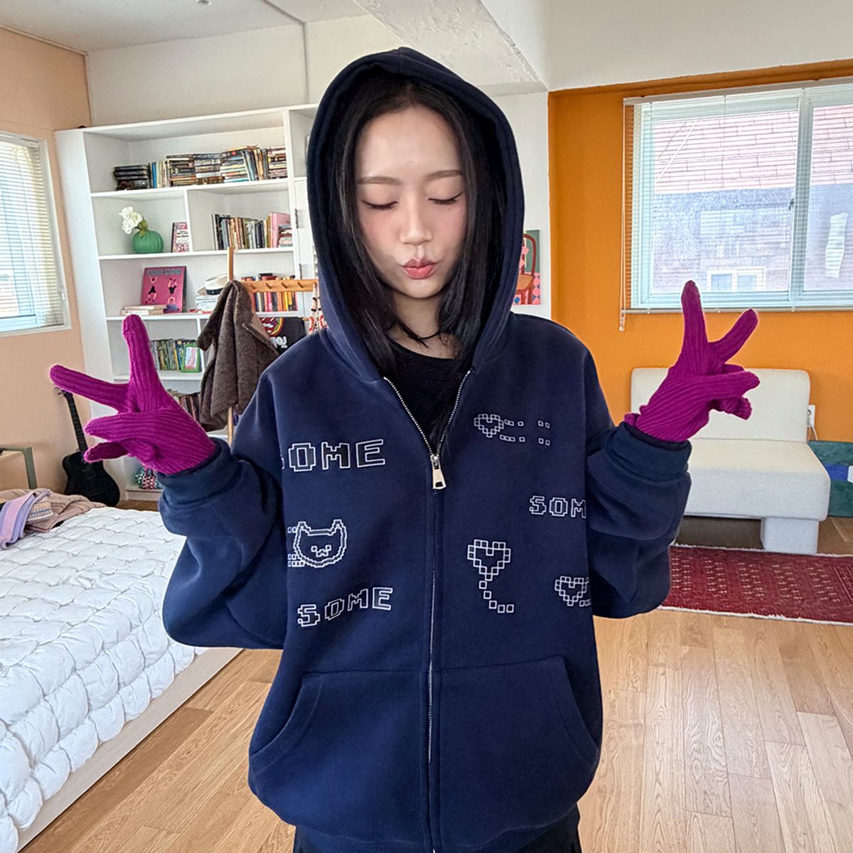 위드썸(WITHSOME) [withsome made]픽셀 마라 투웨이 후드집업 하트