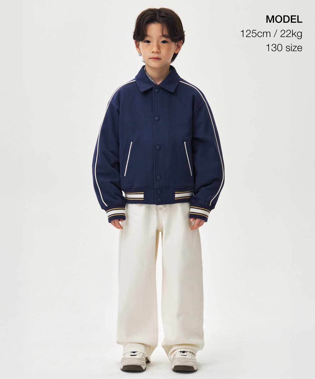 무신사 스탠다드 키즈(MUSINSA STANDARD KIDS) 칼라드 스웨트 바시티 재킷 [퍼플 네이비]