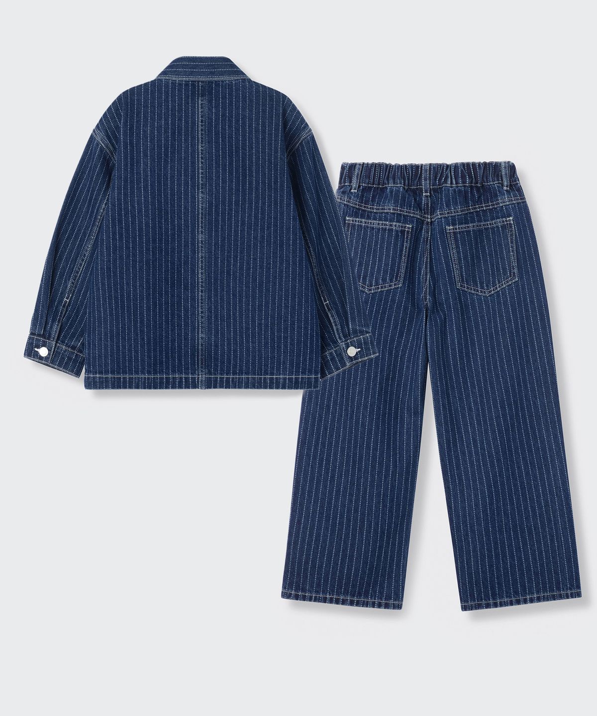 무신사 스탠다드 키즈(MUSINSA STANDARD KIDS) 스트라이프 데님 초어 재킷 & 와이드 데님 팬츠 셋업 [미디엄 인디고]