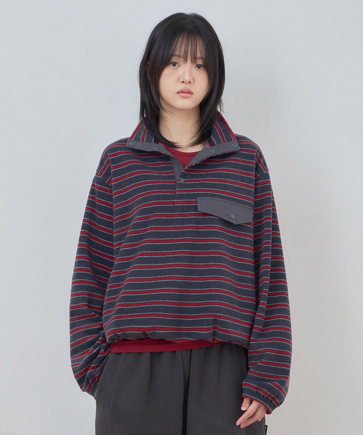 키지코(KIJIKO) [PRE-ORDER] ke306-Stripe Fleece Anorak Charcoal