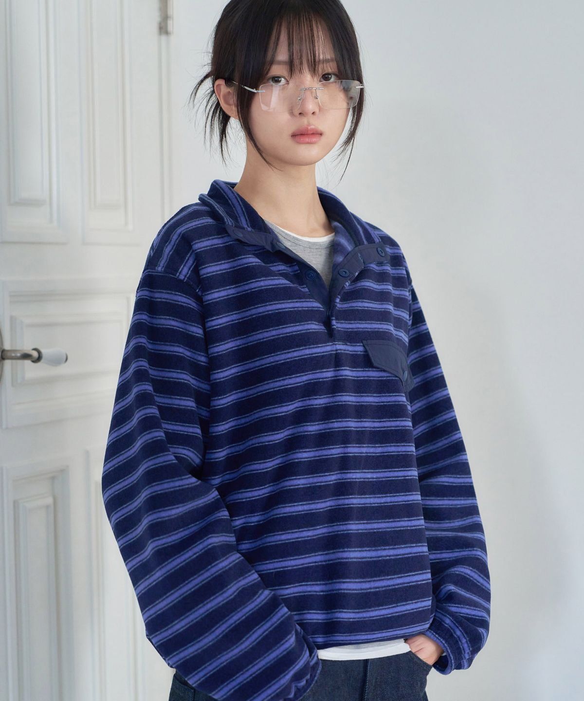 키지코(KIJIKO) [PRE-ORDER] ke306-Stripe Fleece Anorak Navy