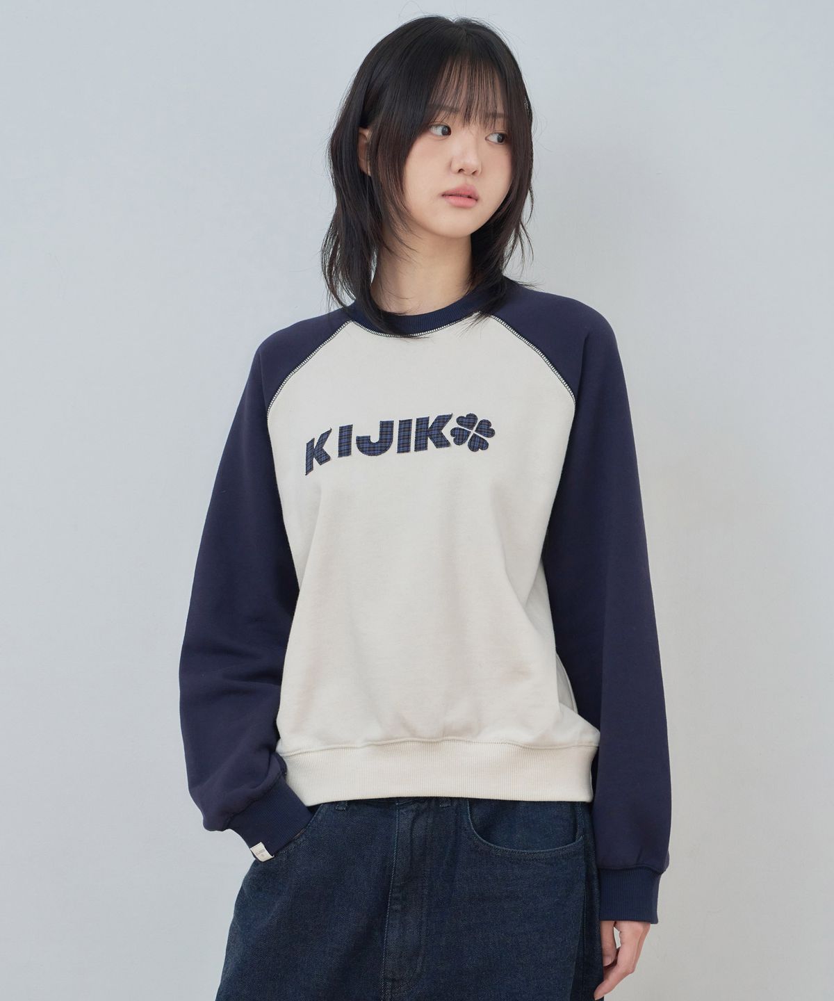 키지코(KIJIKO) ke305-Check Raglan Sweatshirt Navy
