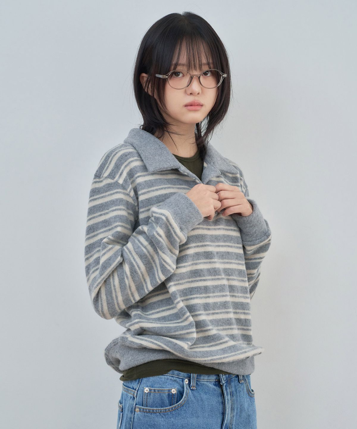 키지코(KIJIKO) ke304-Stripe Collar Knit Gray