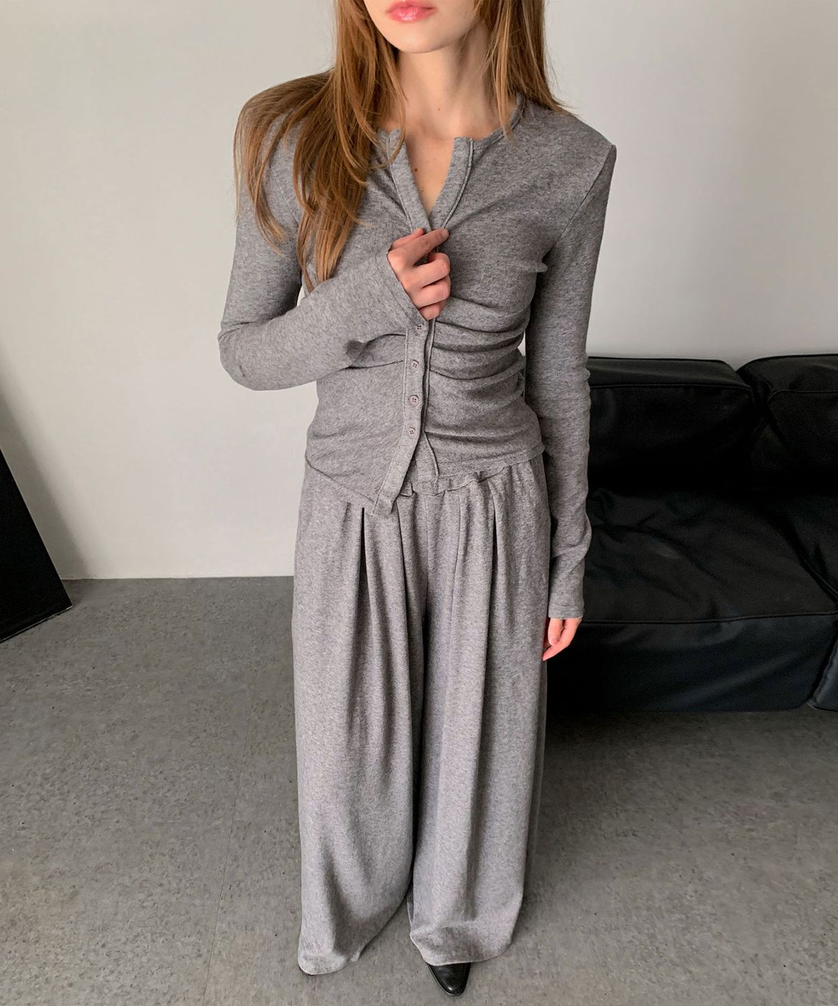 바스카라(VASCARA) [SET] Shirring Button Cardigan+Wide Pants Set-up (3colors)
