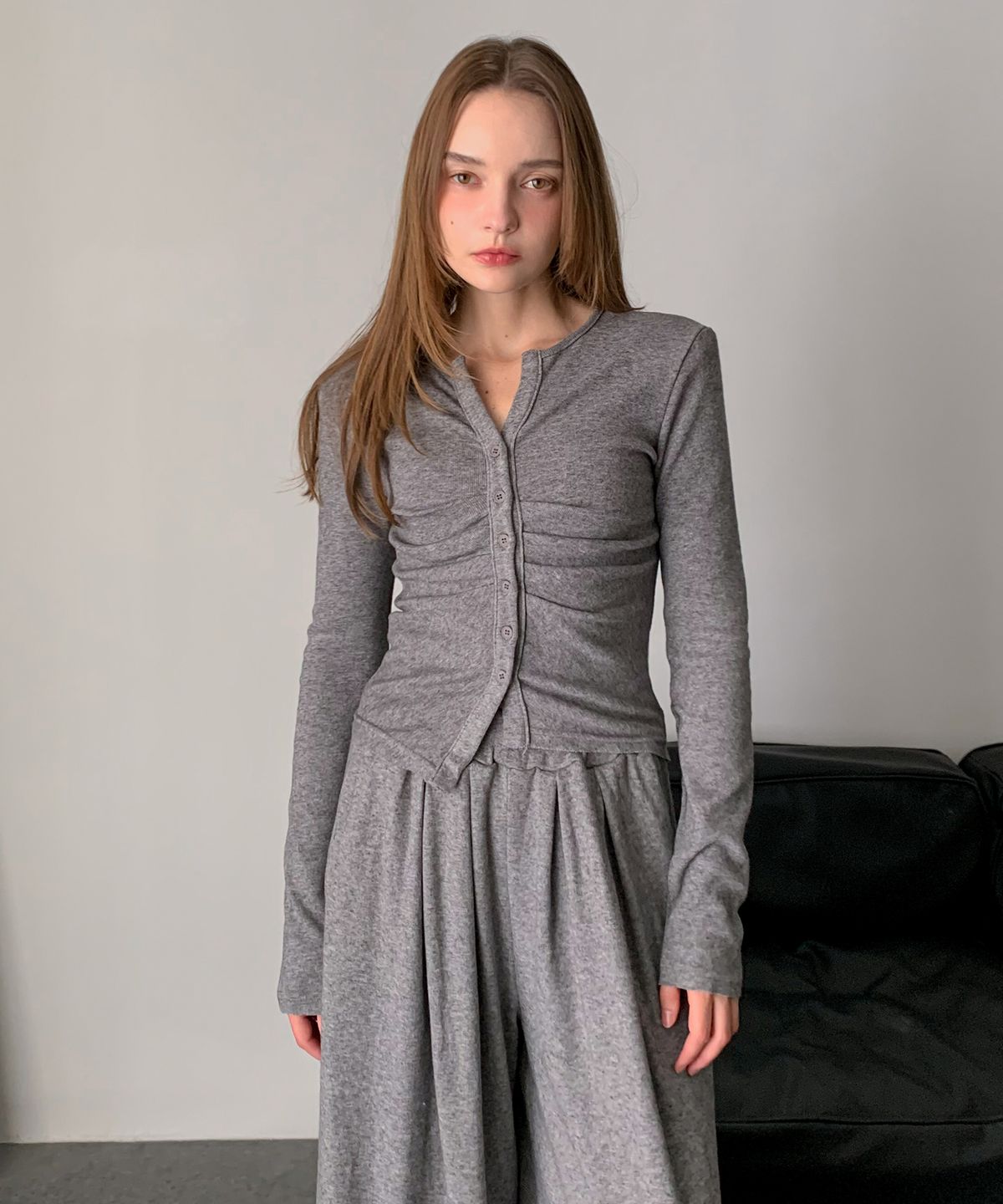 바스카라(VASCARA) [SET] Shirring Button Cardigan+Wide Pants Set-up (3colors)