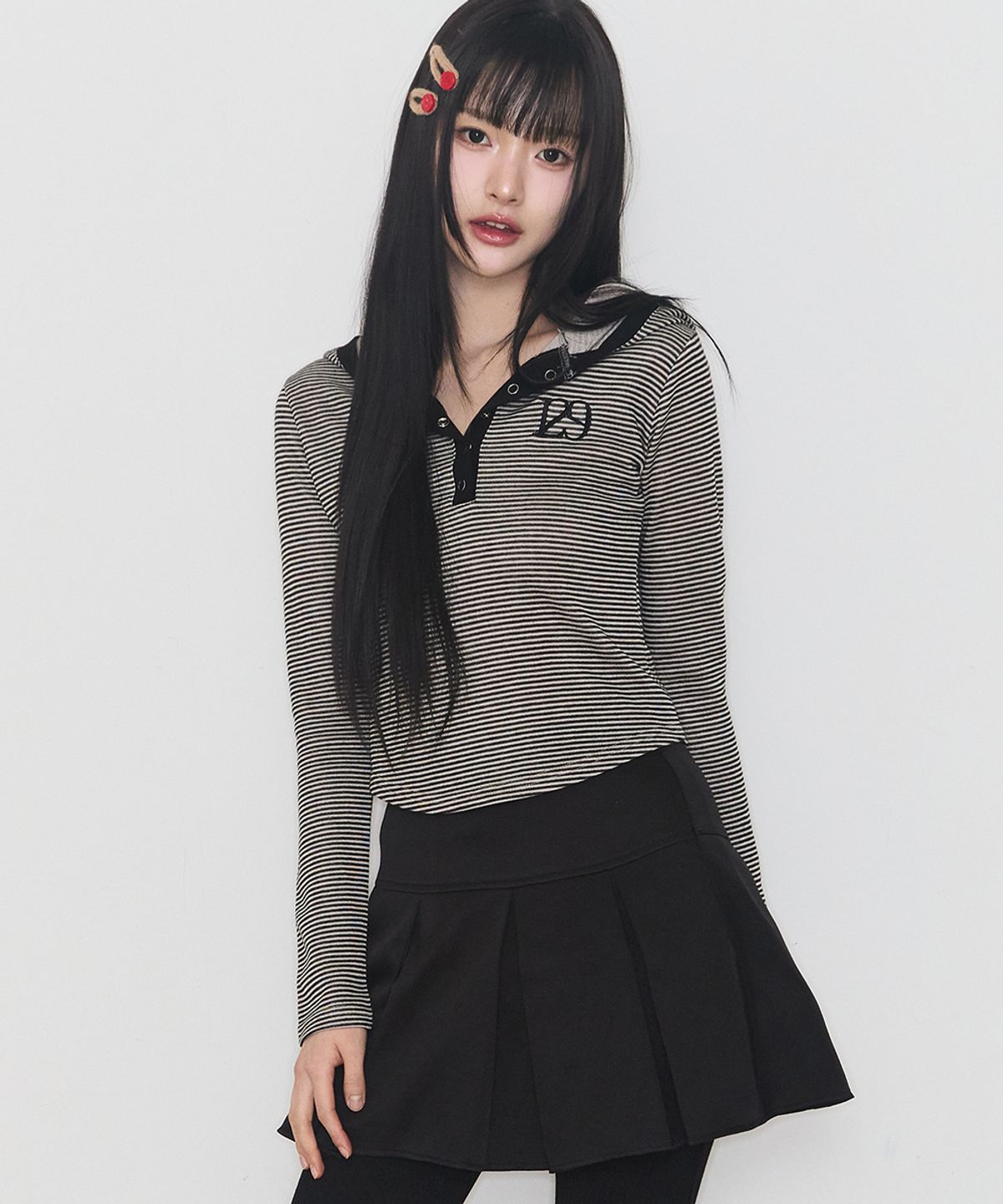 일리고(ILLIGO) 129 버튼 후드 롱슬리브 베이지 블랙