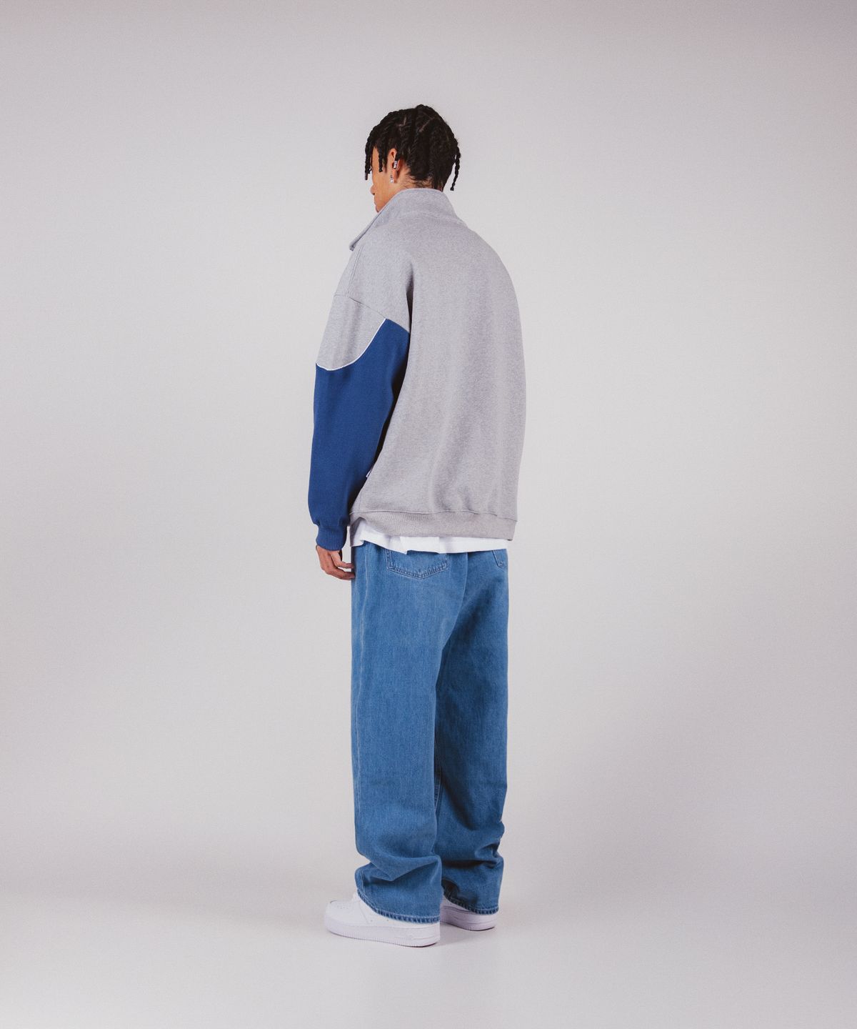 올데이훕스(ALL DAY HOOPS) 훕라인 오버핏 파이핑 기모 하프집업 [그레이/블루]