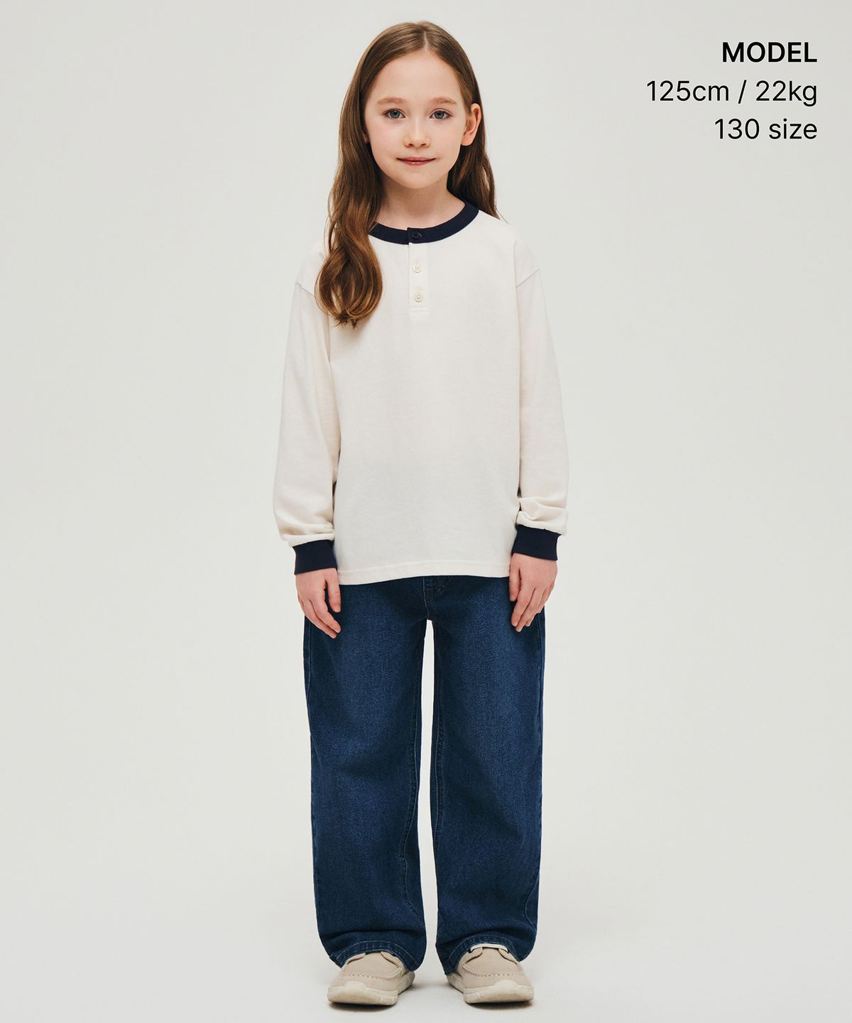 무신사 스탠다드 키즈(MUSINSA STANDARD KIDS) 헨리 넥 링거 긴소매 티셔츠 [크림]