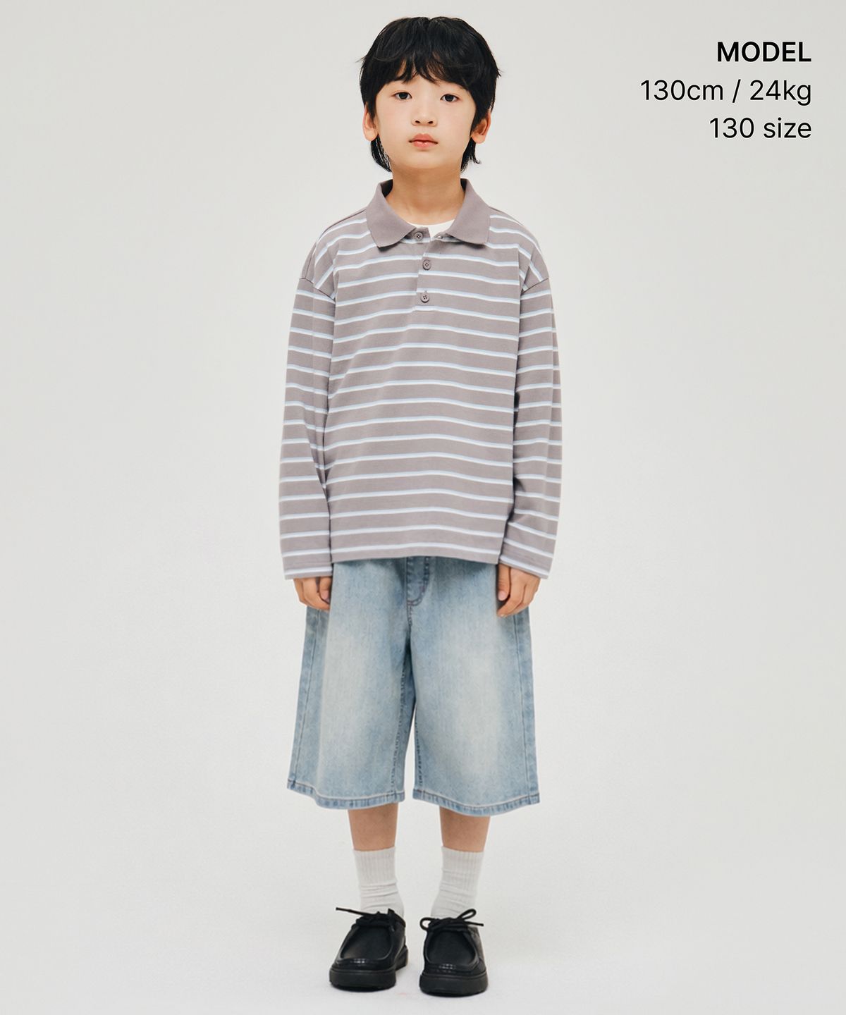 무신사 스탠다드 키즈(MUSINSA STANDARD KIDS) 멀티 스트라이프 긴소매 칼라드 티셔츠 [그레이]