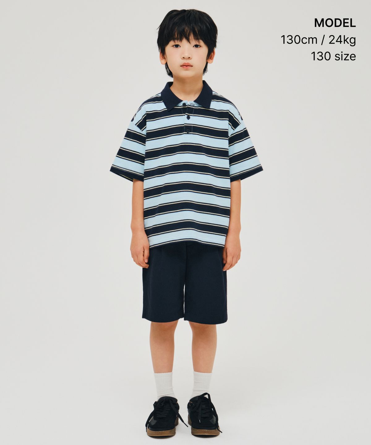 무신사 스탠다드 키즈(MUSINSA STANDARD KIDS) 멀티 스트라이프 칼라드 티셔츠 [네이비]