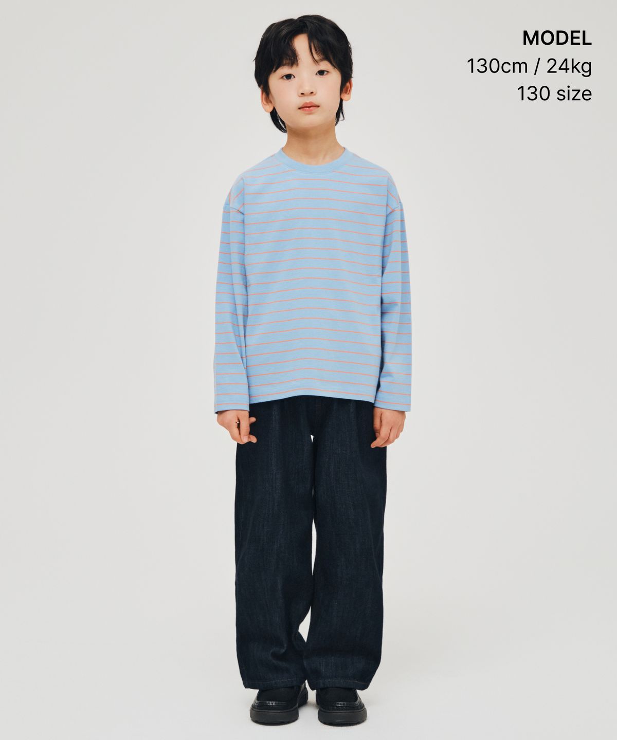 무신사 스탠다드 키즈(MUSINSA STANDARD KIDS) 내로우 스트라이프 크루 넥 긴소매 티셔츠 [스카이 블루]