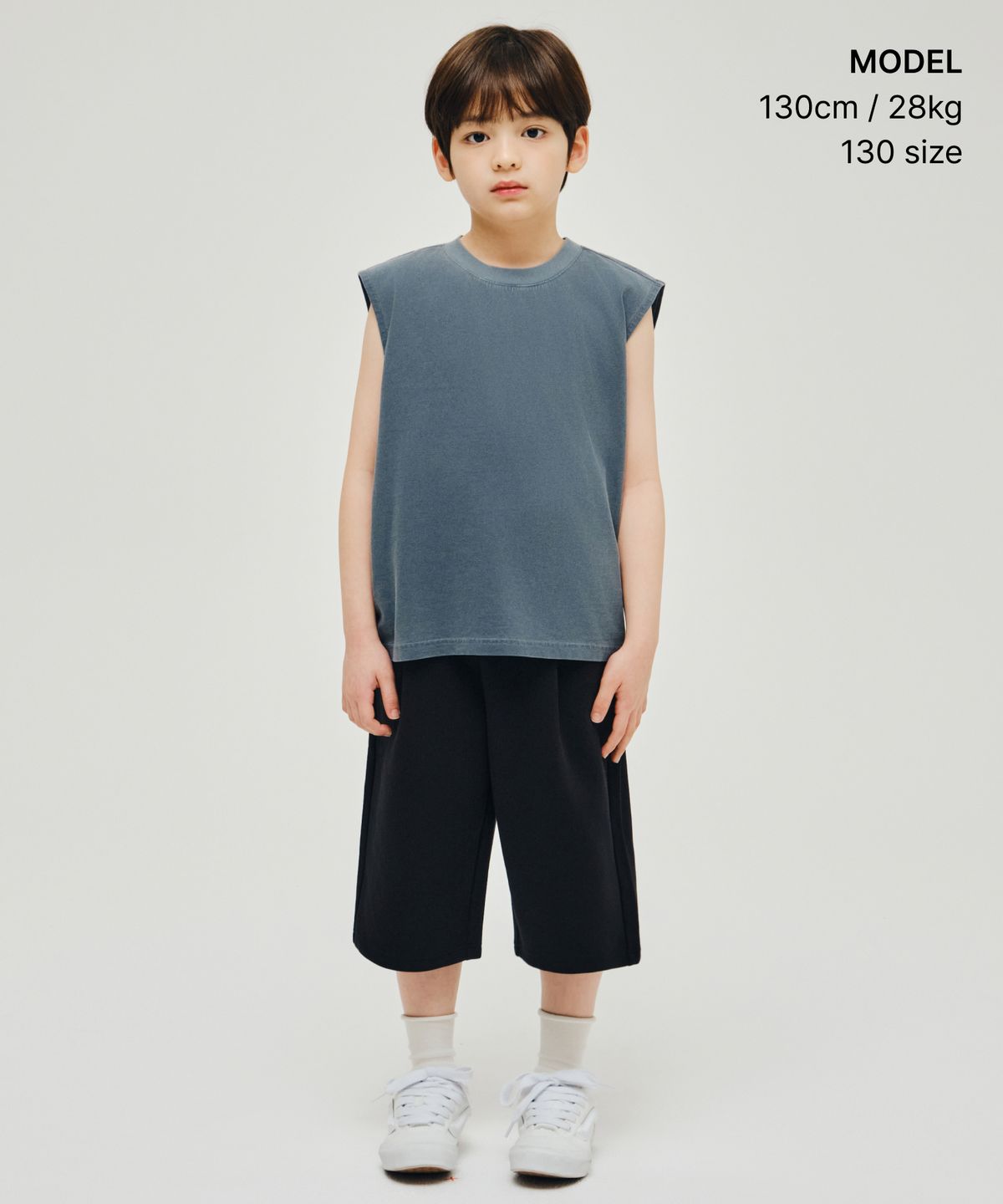 무신사 스탠다드 키즈(MUSINSA STANDARD KIDS) 피그먼트 오버사이즈 크루 넥 슬리브리스 탑 [피콕 블루]