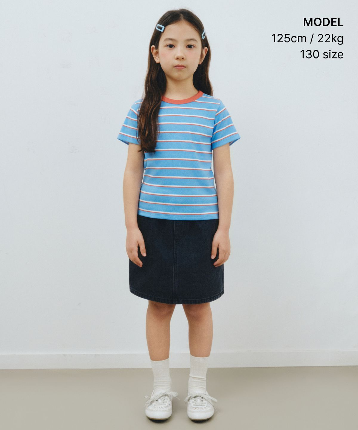 무신사 스탠다드 키즈(MUSINSA STANDARD KIDS) 리브드 멀티 스트라이프 슬림 티셔츠 [스카이 블루]