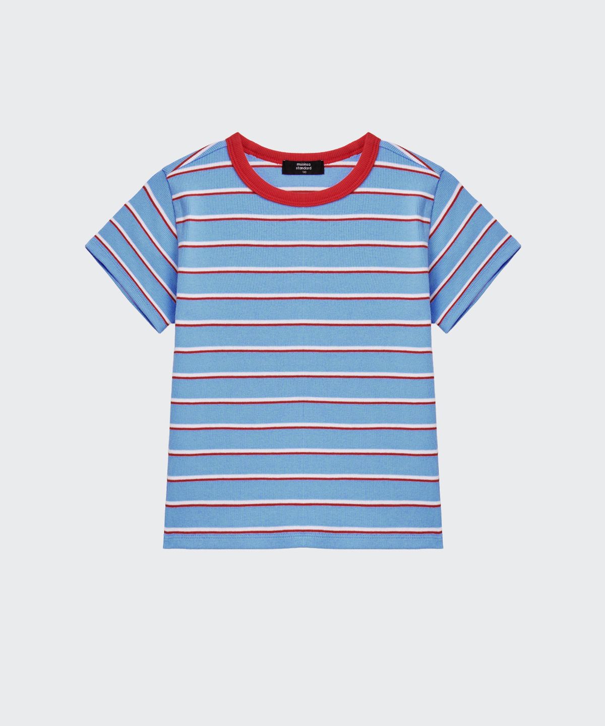 무신사 스탠다드 키즈(MUSINSA STANDARD KIDS) 리브드 멀티 스트라이프 슬림 티셔츠 [스카이 블루]