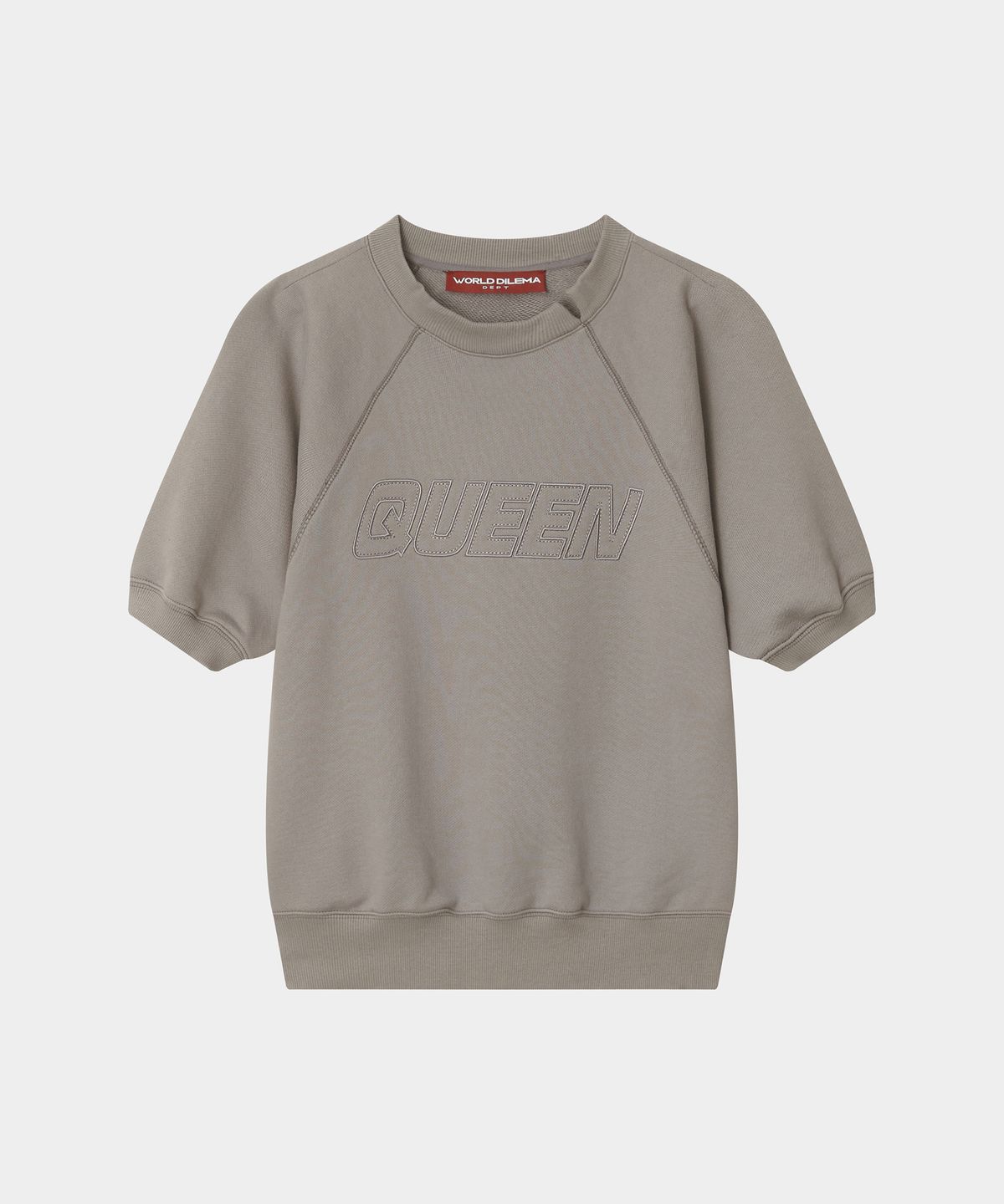 월드딜레마(WORLDDILEMA) QUEEN EMBROIDERY CROP HALF SWEATSHIRT (KHAKI GREY)