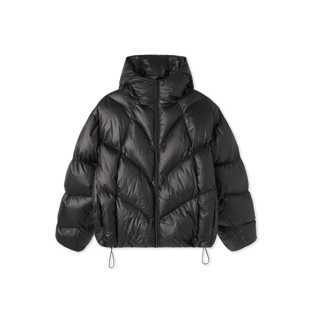어퍼스트로피 콤마(APOSTROPHE COMMA) 글로시 엑스 라인 후드 패딩_블랙