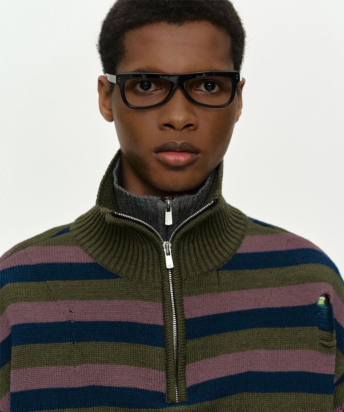 앤더슨벨(ADSB ANDERSSON BELL) DOUBLE LAYERED STRIPE HALF ZIP-UP SWEATER atb1452m(BLUE/GREY)