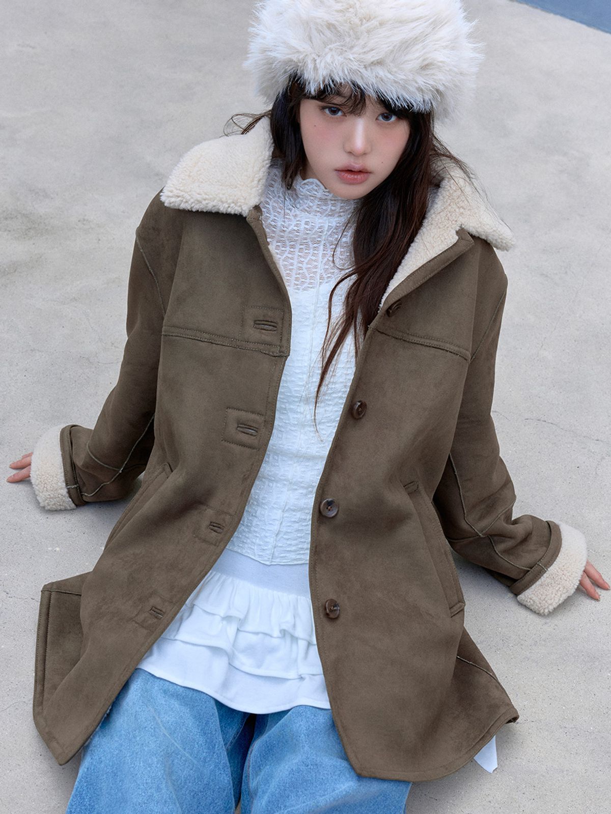 로라로라(ROLAROLA) SUEDE SHEERING JACKET KHAKI