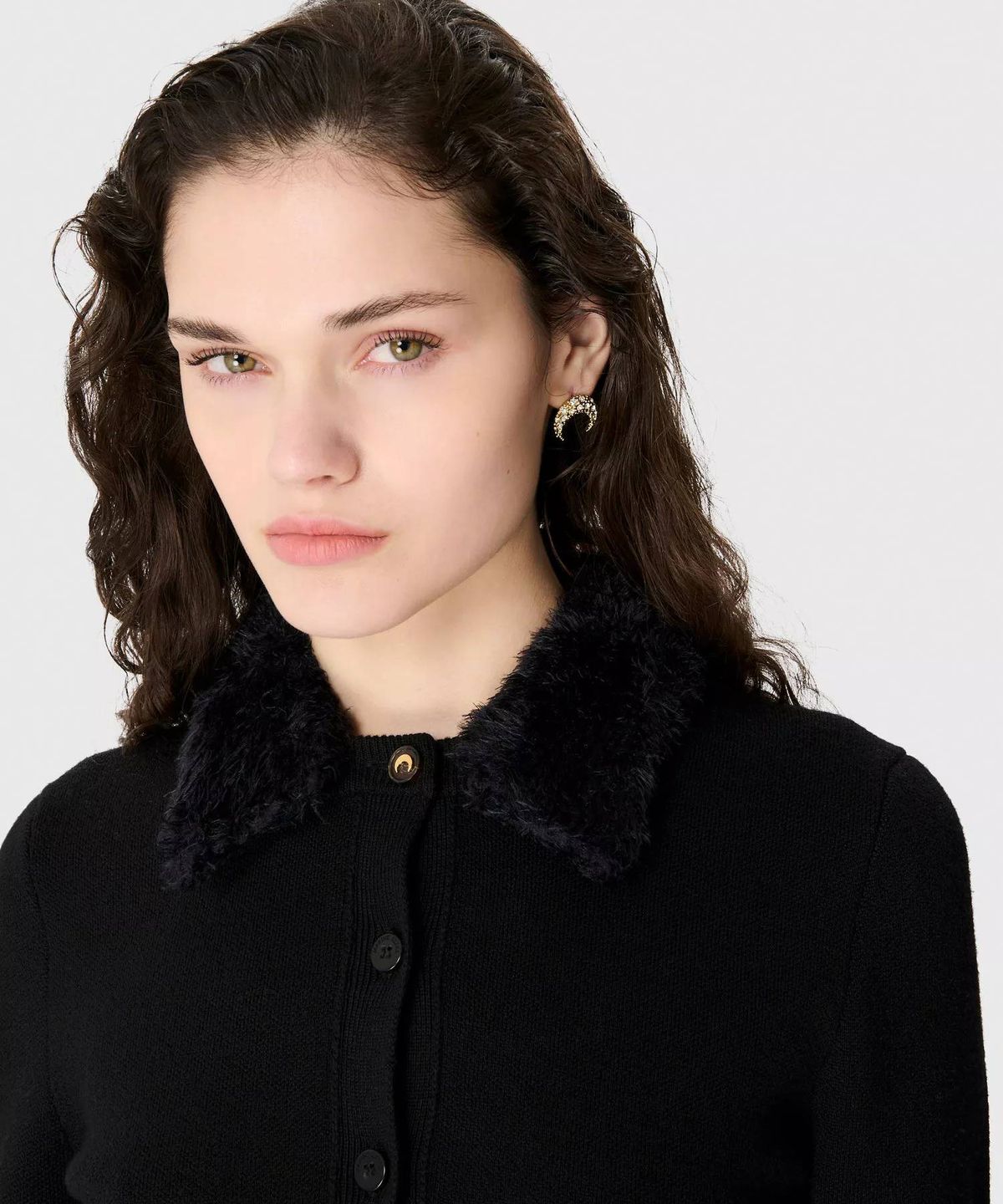 마린 세르(MARINE SERRE) (W) 메리노 울 니트 크롭드 가디건 블랙 MERINO WOOL KNIT CROPPED CARDIGAN BK99 BLACK
