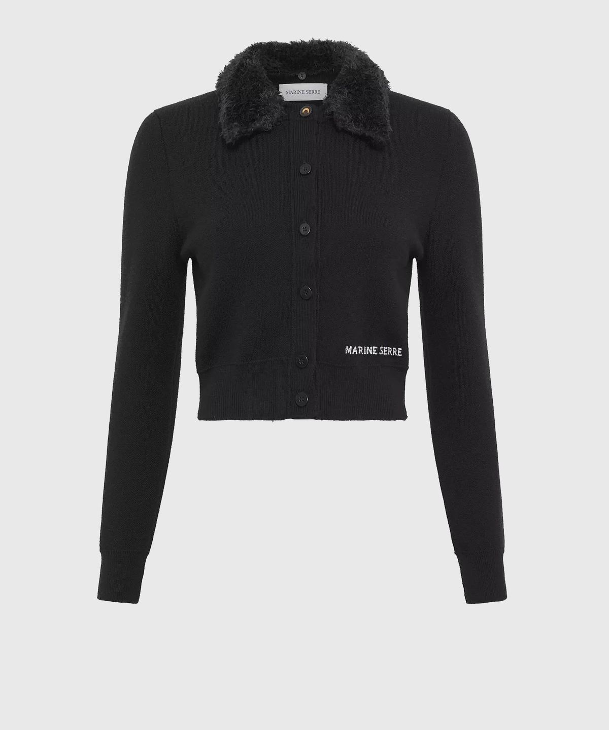 마린 세르(MARINE SERRE) (W) 메리노 울 니트 크롭드 가디건 블랙 MERINO WOOL KNIT CROPPED CARDIGAN BK99 BLACK
