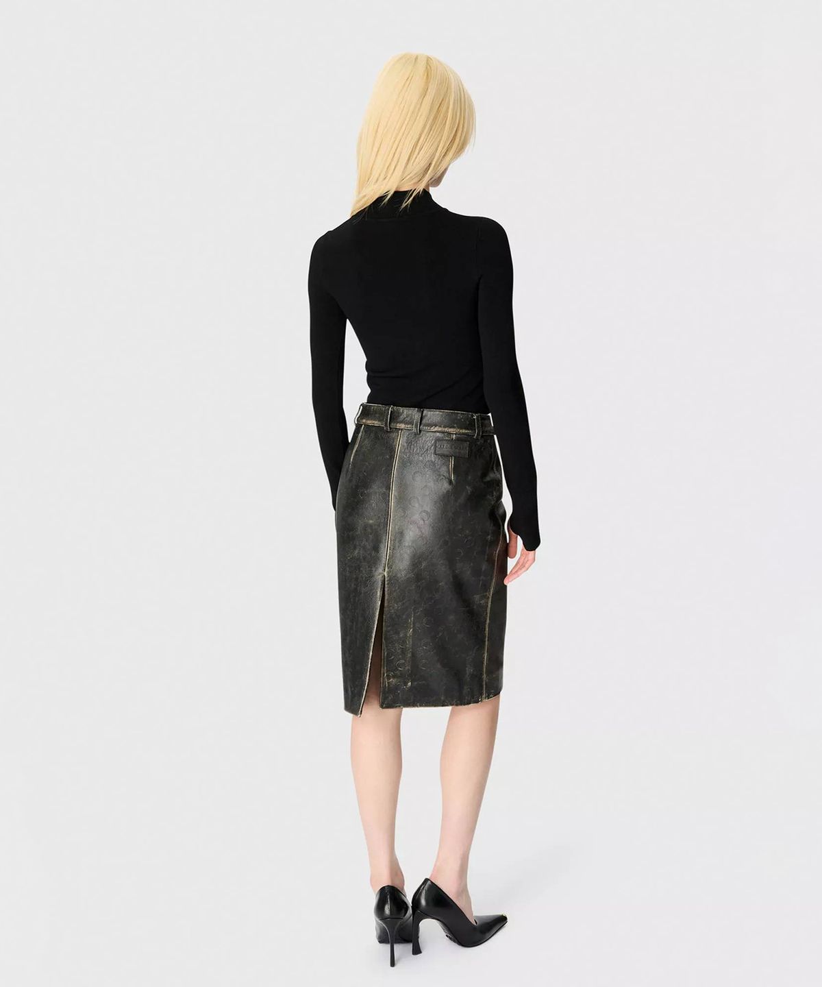 마린 세르(MARINE SERRE) (W) 빈티지 문 레더 미디 스커트 에이지드 그레이 VINTAGE MOON LEATHER MIDI SKIRT GR71 AGED GREY