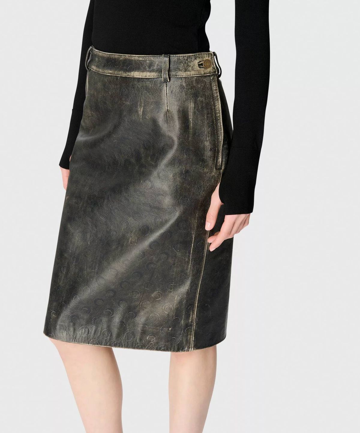 마린 세르(MARINE SERRE) (W) 빈티지 문 레더 미디 스커트 에이지드 그레이 VINTAGE MOON LEATHER MIDI SKIRT GR71 AGED GREY