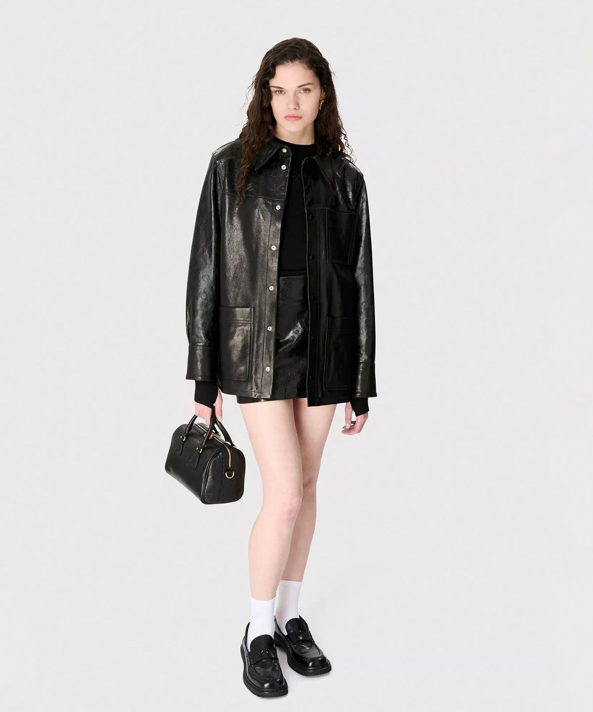 마린 세르(MARINE SERRE) (U) 글로시 문 레더 롱슬리브 셔츠 블랙 GLOSSY MOON LEATHER LS SHIRT BK99 BLACK