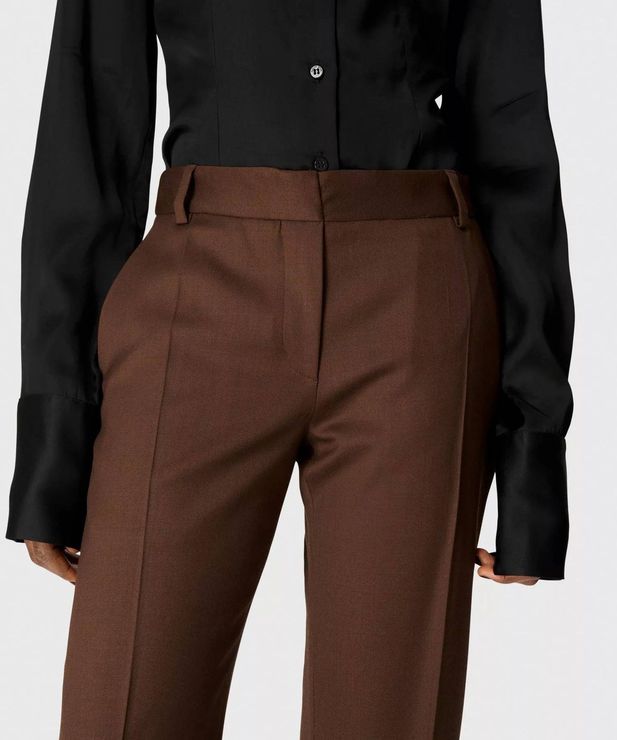 마린 세르(MARINE SERRE) (W) 버진 울 스트레치 트윌 트라우저 브라운 VIRGIN WOOL STRETCH TWILL TROUSERS W/ GIRDLE BR30 BROWN