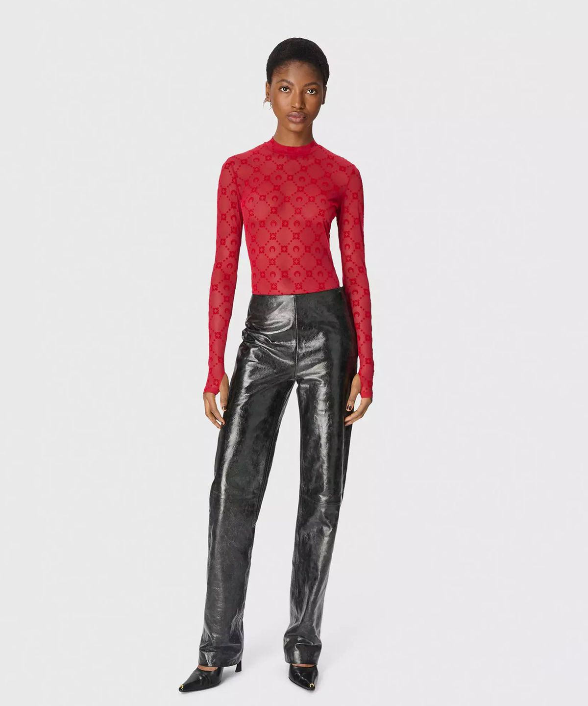 마린 세르(MARINE SERRE) (W) 무노그램 매쉬 플록 롱슬리브 하이넥 탑 리본 레드 MOONOGRAM MESH FLOCK LS HIGHNECK TOP RD11 RIBBON RED