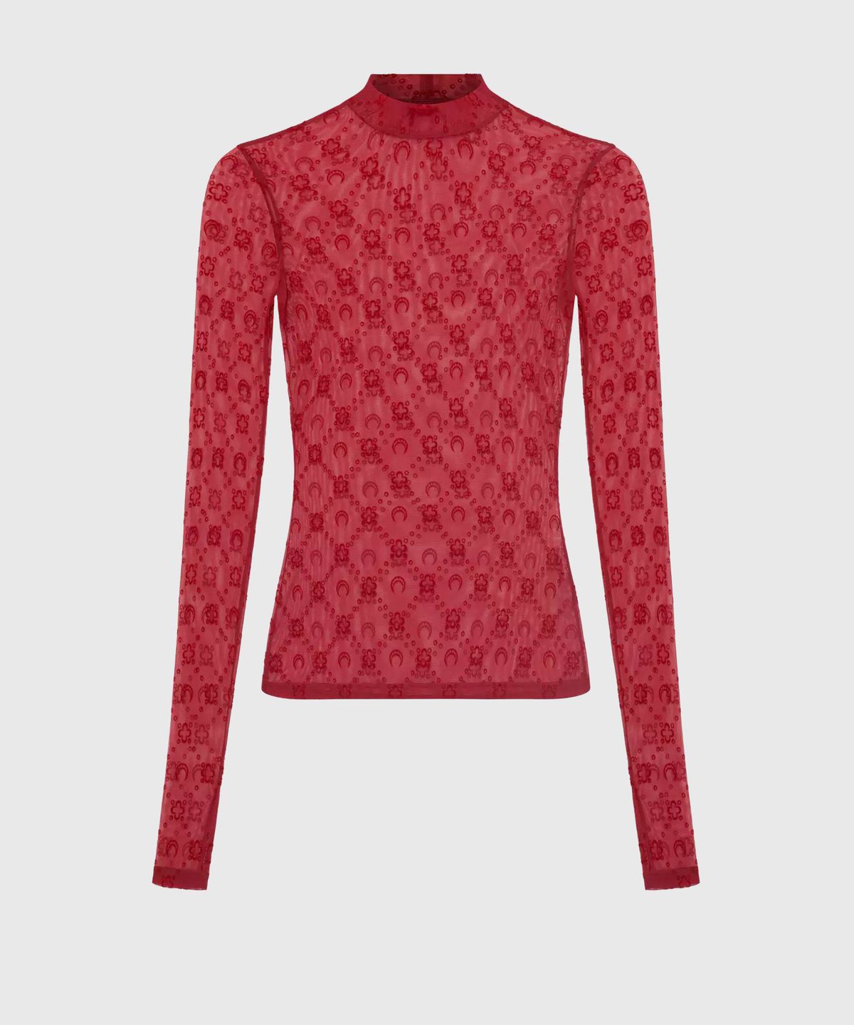 마린 세르(MARINE SERRE) (W) 무노그램 매쉬 플록 롱슬리브 하이넥 탑 리본 레드 MOONOGRAM MESH FLOCK LS HIGHNECK TOP RD11 RIBBON RED