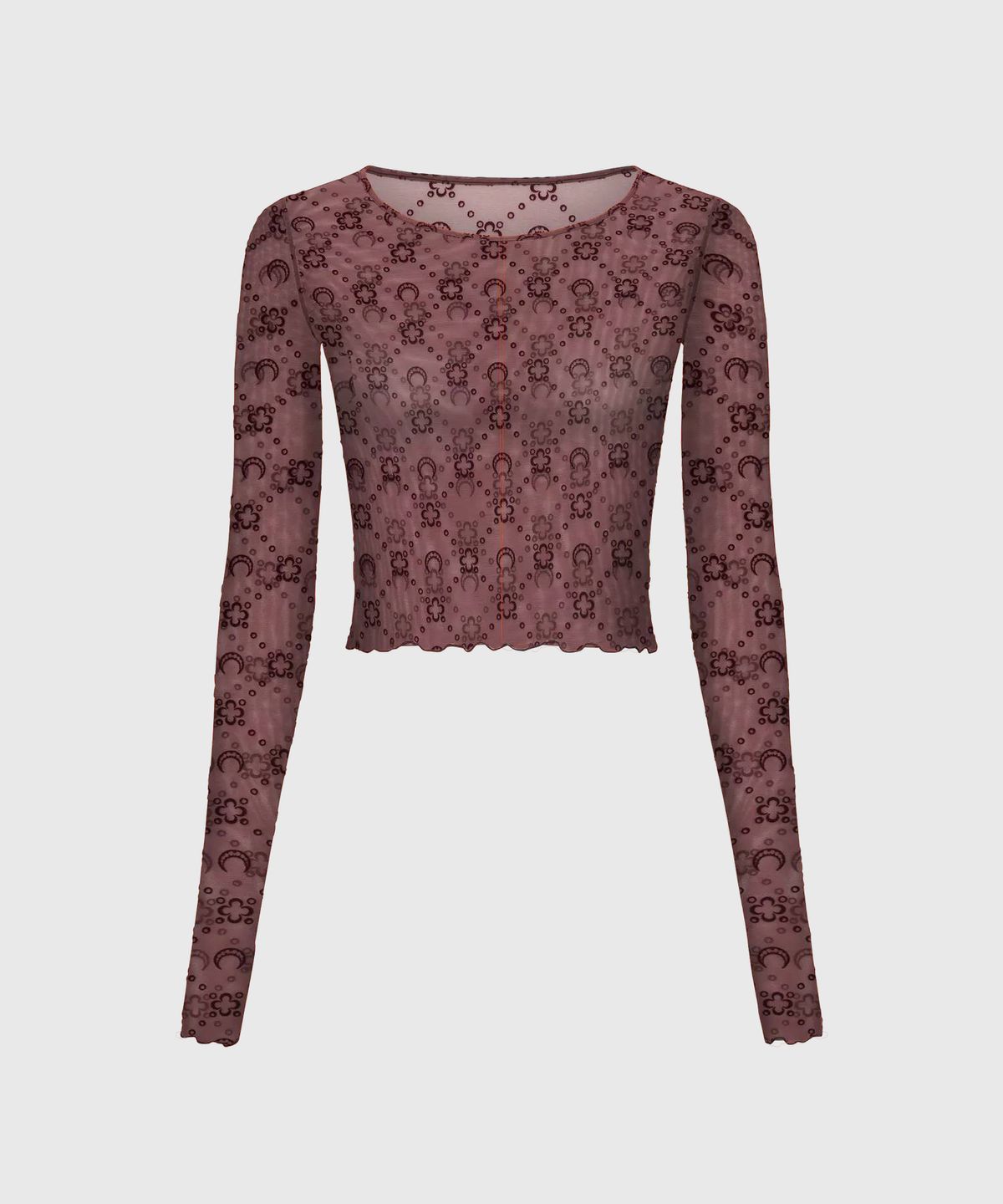 마린 세르(MARINE SERRE) (W) 무노그램 매쉬 플록 롱슬리브 크롭드 탑 바이올렛 MOONOGRAM MESH FLOCK LS CROPPED TOP PU70 AUBERGINE