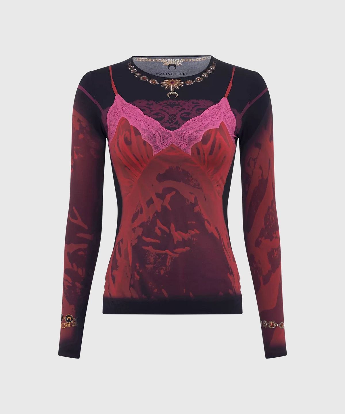 마린 세르(MARINE SERRE) (W) 웨트 누이제트 프린티드 저지 롱슬리브 크루넥 탑 리본 레드 WET NUISETTE PRINTED JERSEY LS CREWNECK TOP RD11 RIBBON RED