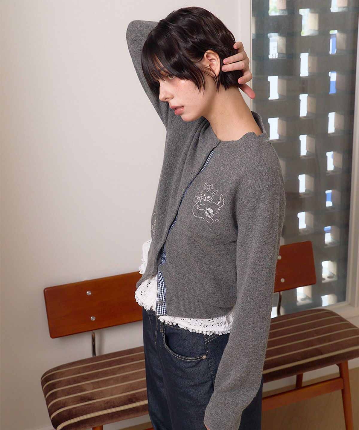베이비블루니들즈(BABYBLUENEEDLES) Kitten Embroidery Knit Cardigan CHARCOAL