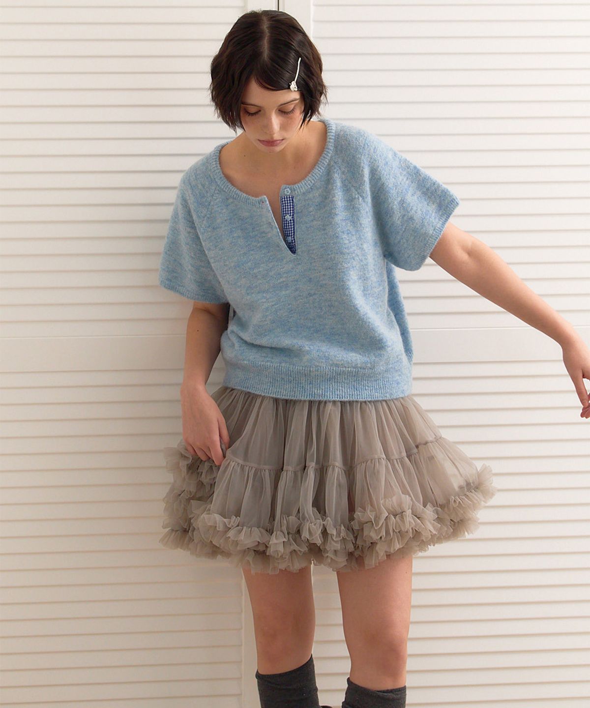 베이비블루니들즈(BABYBLUENEEDLES) Hairy Alpaca Henley-neck Knit Pullover BLUE