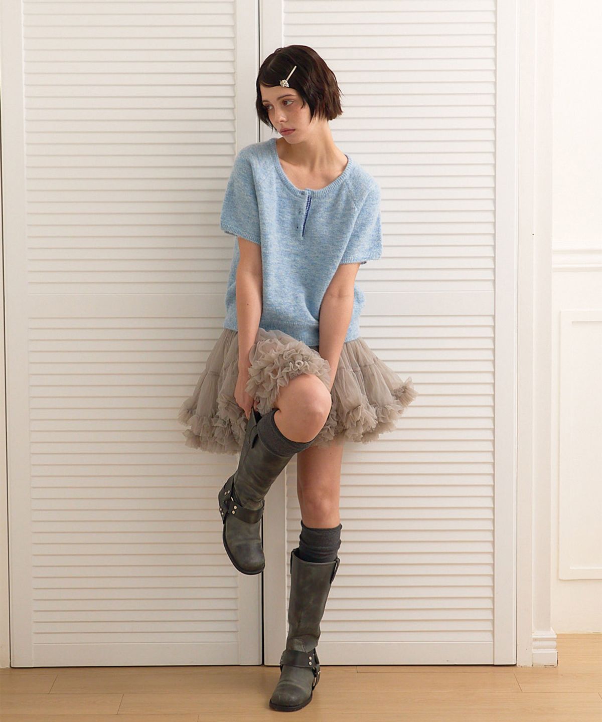 베이비블루니들즈(BABYBLUENEEDLES) Hairy Alpaca Henley-neck Knit Pullover BLUE